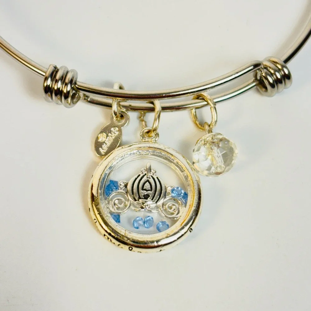 Disney Bangle Bracelet Silver Cinderella Pumpkin Carriage Floating Locket Charm